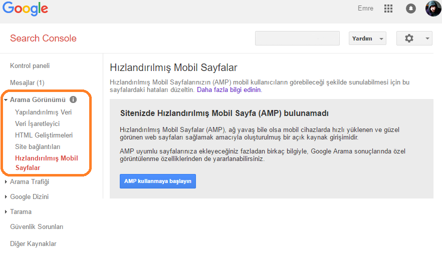 hizlandirilmis mobil sayfalar gsc